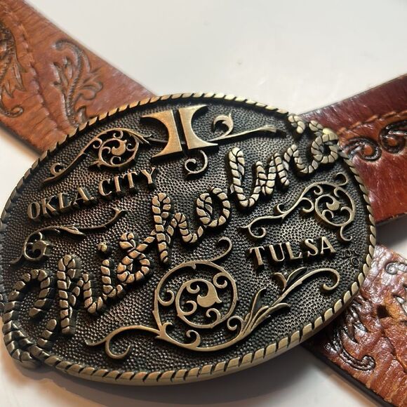 leather tooled belt with buckle hand stained latitan sz 36 western cowboy rodeo - Picture 9 of 11
